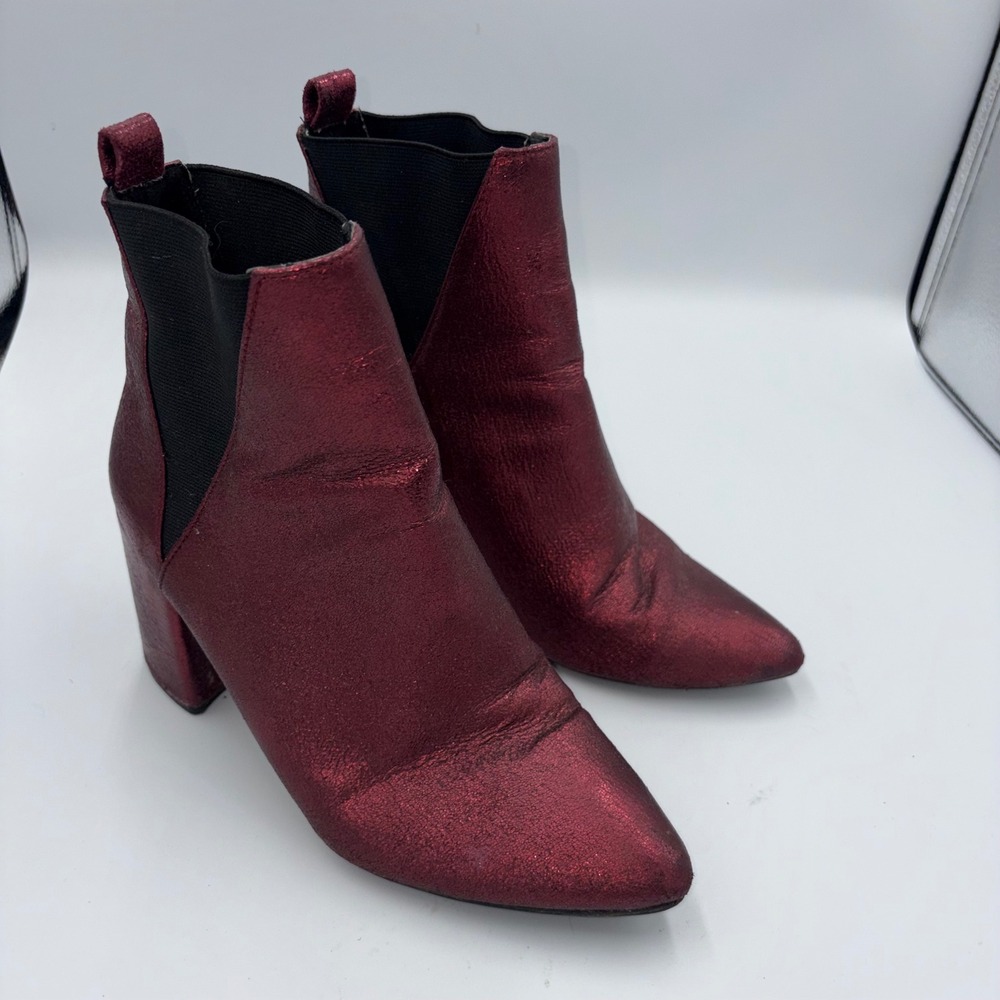 Target Metallic Burgundy Pointed Toe Block Heel Chelsea Ankle Boots Womens 7.5
